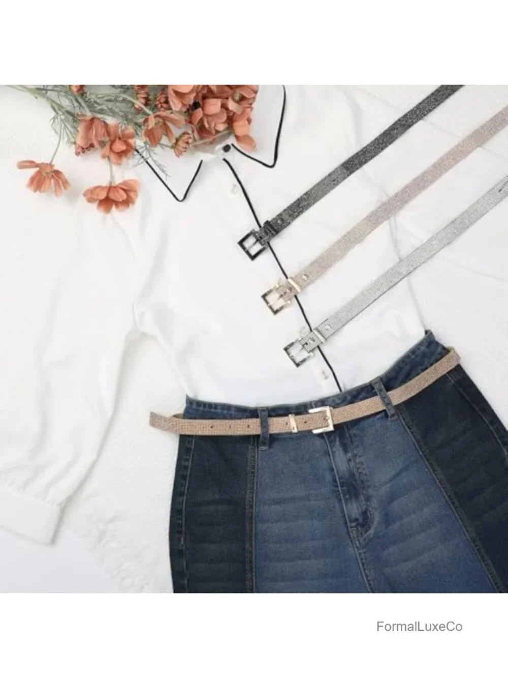 Women Rhinestone Skinny Belt Faux Leather Metal Buckle Waistband
